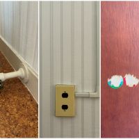 藤沢市辻堂太平台一丁目の賃貸物件/所々キュンポイントが。左：コルクを使った手作り感満載のドアストッパー｜真ん中：昭和レトロなコンセントプレート｜右：衣装棚の裏に&ldquo;けろけろけろっぴ&rdquo;を発見！このままずっと、残っていてほしいと願います