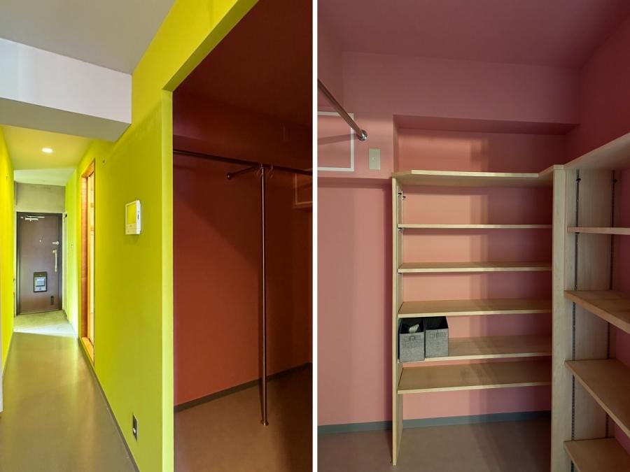 藤沢市片瀬海岸一丁目の賃貸物件/左：リビングから玄関を見る｜右：ウォークインクローゼット