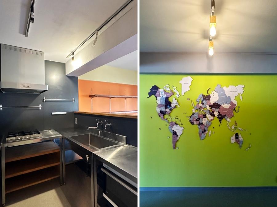 藤沢市片瀬海岸一丁目の賃貸物件/左：キッチンは4口コンロ｜右：壁の世界地図