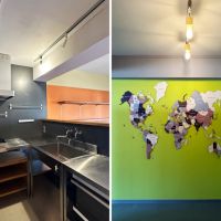 藤沢市片瀬海岸一丁目の賃貸物件/左：キッチンは4口コンロ｜右：壁の世界地図