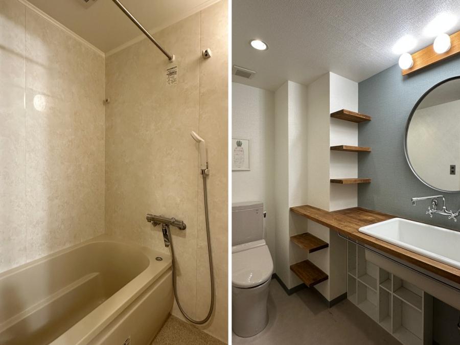 藤沢市片瀬海岸一丁目の賃貸物件/左：風呂は普通の色｜右：洗面も普通の色