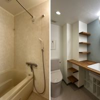 藤沢市片瀬海岸一丁目の賃貸物件/左：風呂は普通の色｜右：洗面も普通の色