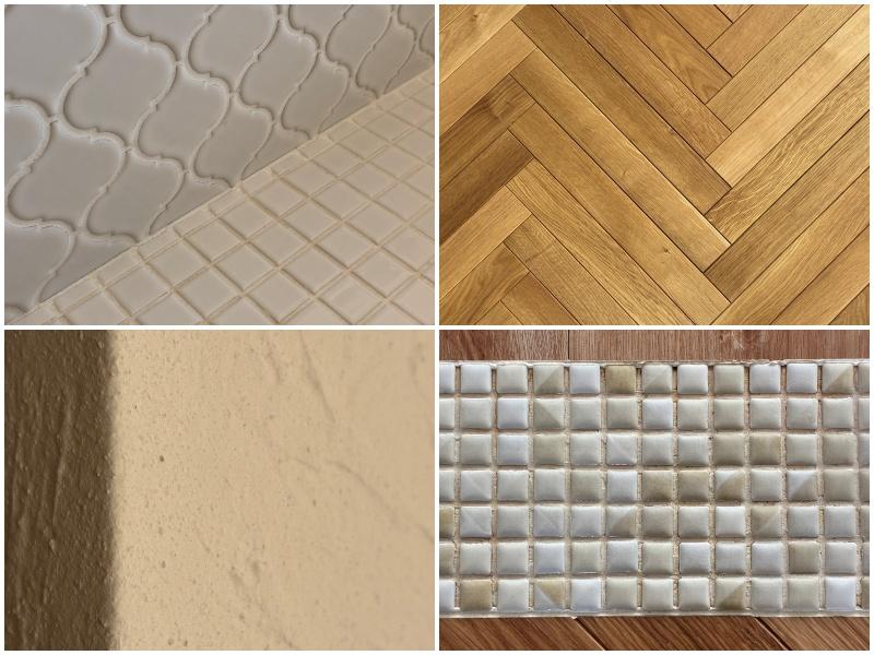 藤沢市鵠沼東の売買物件/素材たち（キッチンのタイル｜ヘリンボーンの床｜左官仕上げのLDK壁｜見切り材として使われているタイル）