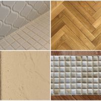 藤沢市鵠沼東の売買物件/素材たち（キッチンのタイル｜ヘリンボーンの床｜左官仕上げのLDK壁｜見切り材として使われているタイル）