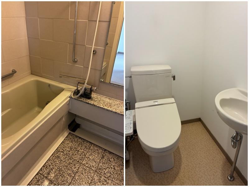 藤沢市片瀬海岸三丁目の賃貸物件/左：浴室（追焚機能付き）｜右：トイレ（ウォシュレット付き）