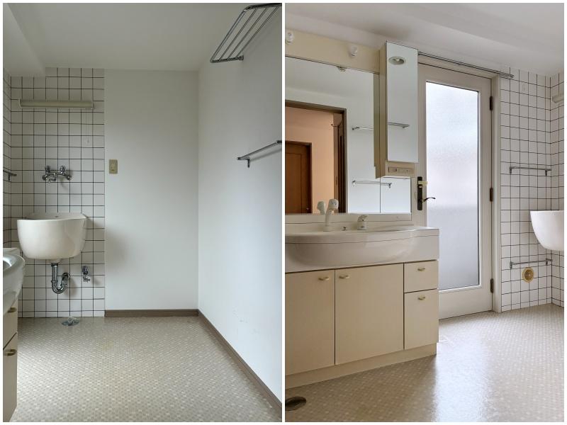 藤沢市片瀬海岸三丁目の賃貸物件/洗面所｜扉から北側バルコニーに出られます。独立したスロップシンクも設置。散歩帰りにペットの足を洗ったり、ウェットスーツを洗う場合に重宝しそうです