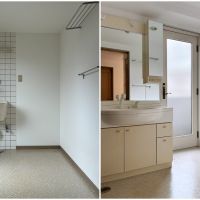 藤沢市片瀬海岸三丁目の賃貸物件/洗面所｜扉から北側バルコニーに出られます。独立したスロップシンクも設置。散歩帰りにペットの足を洗ったり、ウェットスーツを洗う場合に重宝しそうです