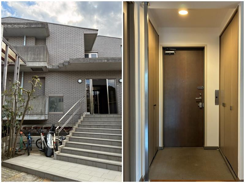 藤沢市片瀬海岸三丁目の賃貸物件/左：階段を数段上がった先に、エントランスと1階フロアがあるつくり。階段脇に駐輪場｜右：玄関にシューズボックスとクローゼット