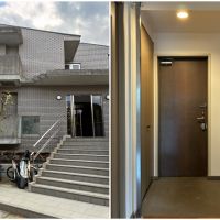 藤沢市片瀬海岸三丁目の賃貸物件/左：階段を数段上がった先に、エントランスと1階フロアがあるつくり。階段脇に駐輪場｜右：玄関にシューズボックスとクローゼット