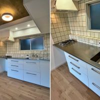 横浜市南区永田山王台の売買物件/キッチンはタイル張りの壁や水栓金物がかわいい