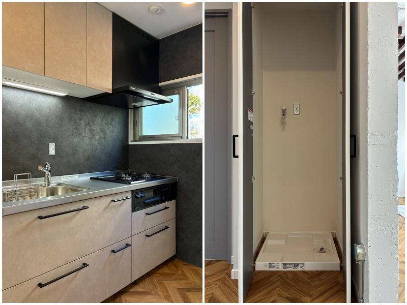 逗子市小坪二丁目の売買物件/左：キッチンはコンパクトながら3口ガスコンロ付。一部黒の壁紙で、空間を締めています｜右：扉の向こうに洗濯機収納