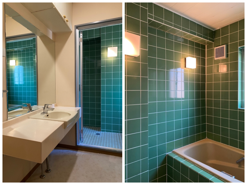 鎌倉市材木座三丁目の賃貸物件/洗面台│グリーンのタイルがかわいい浴室