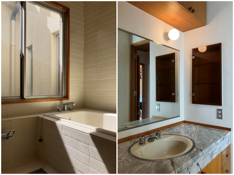 平塚市唐ケ原の売買物件/風呂｜洗面所｜パティオに面した風呂の浴槽はやや小さめ。追い炊き機能はありません。