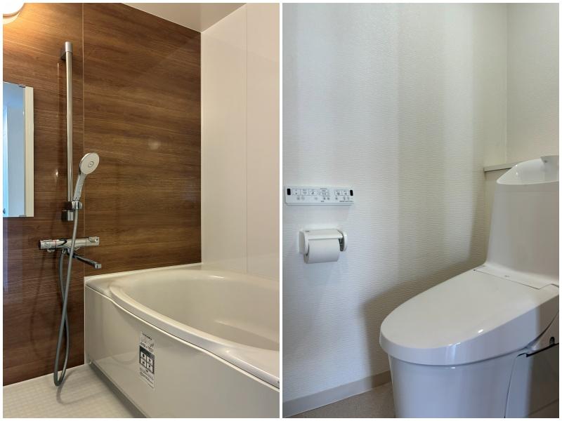 逗子市小坪五丁目の売買物件/左：浴室｜右：トイレ（2024年に交換済、そのまま使用できそうです）