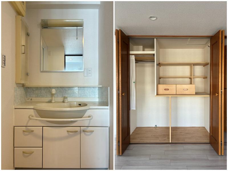 逗子市小坪五丁目の売買物件/左：洗面台｜右：収納