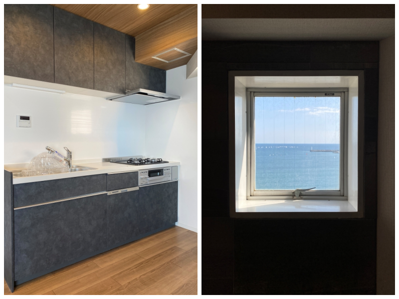 藤沢市片瀬海岸一丁目の売買物件/キッチン│LDKの小窓から見える海もお気に入り