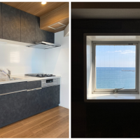 藤沢市片瀬海岸一丁目の売買物件/キッチン│LDKの小窓から見える海もお気に入り