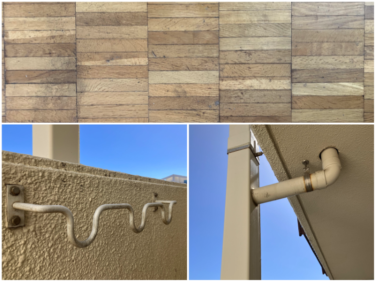 平塚市唐ケ原の売買物件/素材集｜キッチン床、物干しハンガー、バルコニーの角樋。どれも無駄のない美しさ。