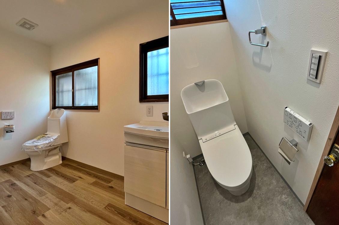 鎌倉市御成町の賃貸物件/左：1階のトイレ洗面｜右：2階トイレは扉の握りが素敵