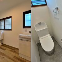 鎌倉市御成町の賃貸物件/左：1階のトイレ洗面｜右：2階トイレは扉の握りが素敵