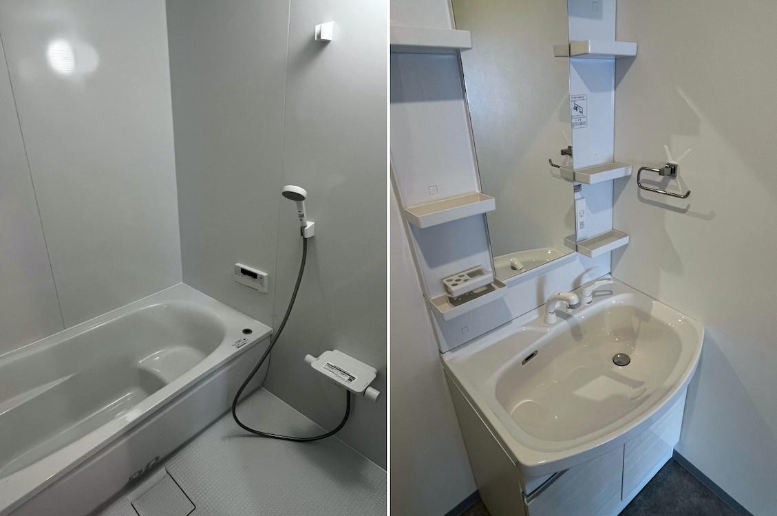 鎌倉市御成町の賃貸物件/左：2階浴室｜右：洗面台