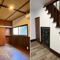 鎌倉市御成町の賃貸物件/左：#04収納や扉、腰壁などがバラバラなのだが、それがまたいい｜右：「Salon」には階段下に重厚な金庫あり（もう開かない）