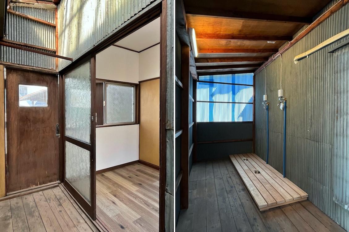 鎌倉市御成町の賃貸物件/左：半外の廊下から#06へのアプローチ｜右：洗濯機置き場はシュールな空間