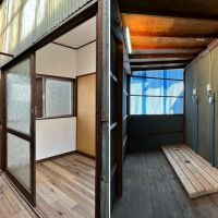 鎌倉市御成町の賃貸物件/左：半外の廊下から#06へのアプローチ｜右：洗濯機置き場はシュールな空間