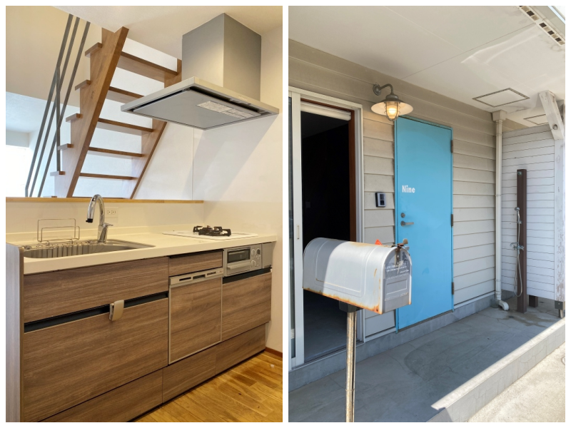 藤沢市本鵠沼四丁目の賃貸物件/キッチンは2口コンロ、食洗器付き│屋外シャワー付き、ポストや照明も素敵