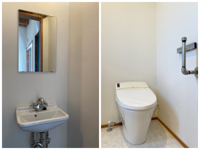 藤沢市本鵠沼四丁目の賃貸物件/土間リビングにある洗面台│トイレはペーパーホルダーが個性的