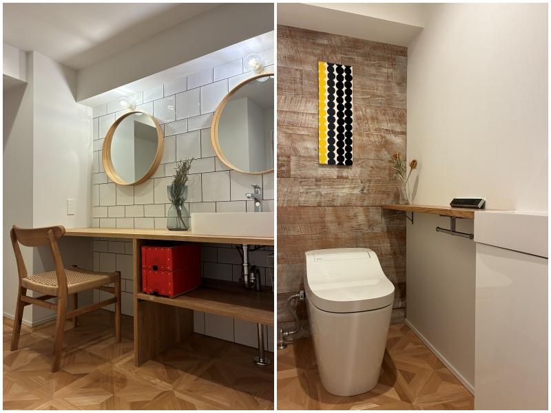 横須賀市秋谷一丁目の売買物件/左：水まわりはゆとりがあります。洗面台の横にはドレッサーと気の利いたつくり｜右：トイレ