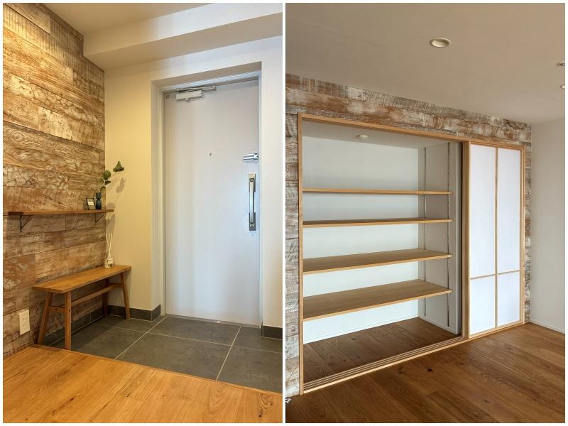 横須賀市秋谷一丁目の売買物件/左：玄関｜右：LDK収納は障子を取り入れ、さりげなく和の要素が感じられます