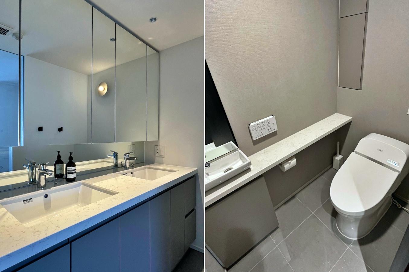 横須賀市秋谷一丁目の賃貸物件/水まわり｜左：バルスーム隣のパウダールーム｜右：トイレは廊下の中央あたりにあります