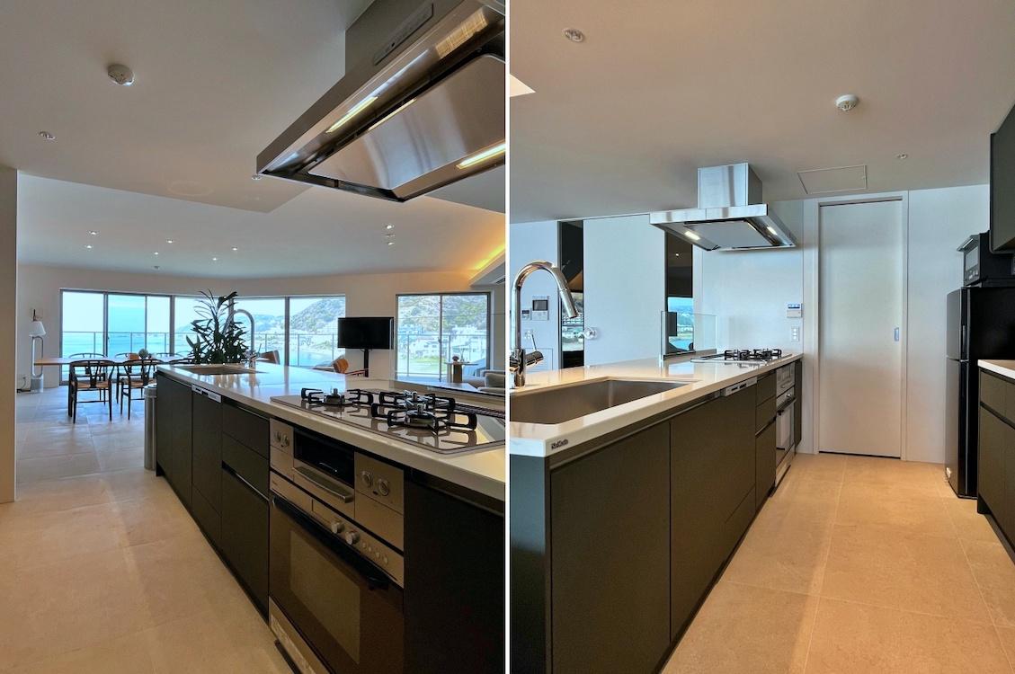 横須賀市秋谷一丁目の賃貸物件/キッチン｜両アングルから｜奥にパントリー（ユーティリティ）があり、そこには洗濯機置き場もあります