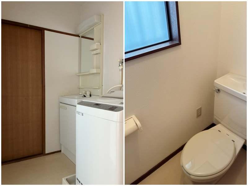 三浦郡葉山町長柄の賃貸物件/左：洗面台。洗濯機は貸主の残置物（不要の場合は事前に貸主負担にて撤去）｜右：トイレ