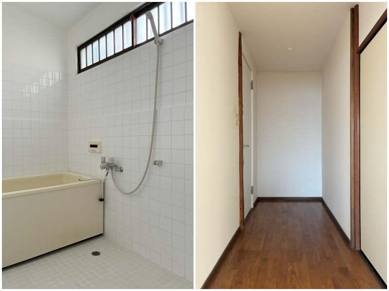 三浦郡葉山町長柄の賃貸物件/左：浴室（追焚機能付）｜右：廊下（この家は大きな家を切って今の形になっているそうです。実はこの廊下の先に、元の家が繋がっていました）