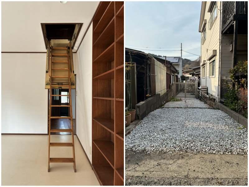 三浦郡葉山町長柄の賃貸物件/左：屋根裏への入口もディープ｜右：門扉の先に建物があります。手前の砂利スペースにバイクや自転車を置くことが可能
