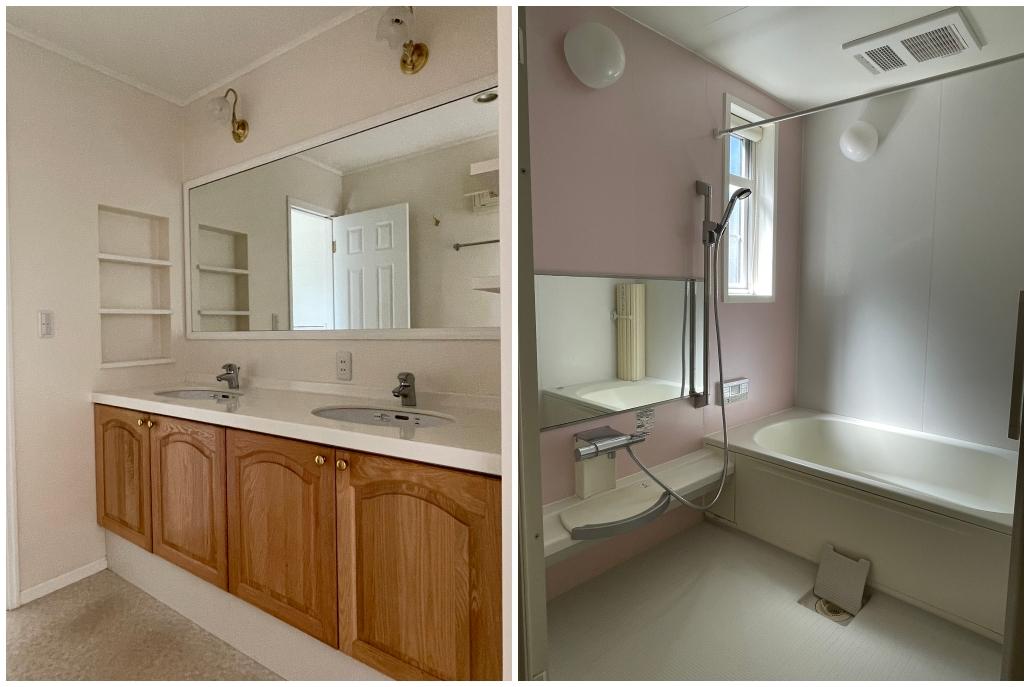 茅ヶ崎市東海岸一丁目の賃貸物件/風呂場と洗面。洗面ボウルは２箇所