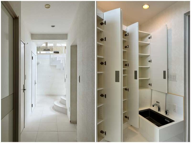 鎌倉市笛田五丁目の売買物件/左：1階廊下｜右：玄関横のシューズクローゼットとスロップシンク