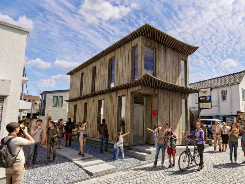 鎌倉市御成町の賃貸物件/2026年秋頃建物完成予定！dig kamakuraのスタメンを募集します。来る人のアンテナが震えるような刺激的なテナントさん、待ってます。古材の外壁と反り上がった庇と屋根が目印です。（パース提供：VUILD株式会社）