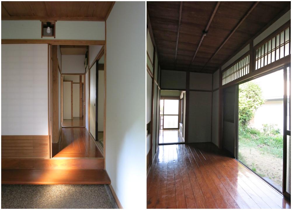 三浦郡葉山町一色の賃貸物件/(左)玄関｜(右)縁側　廊下はなく、開け放てば全ての部屋が繋がる間取り