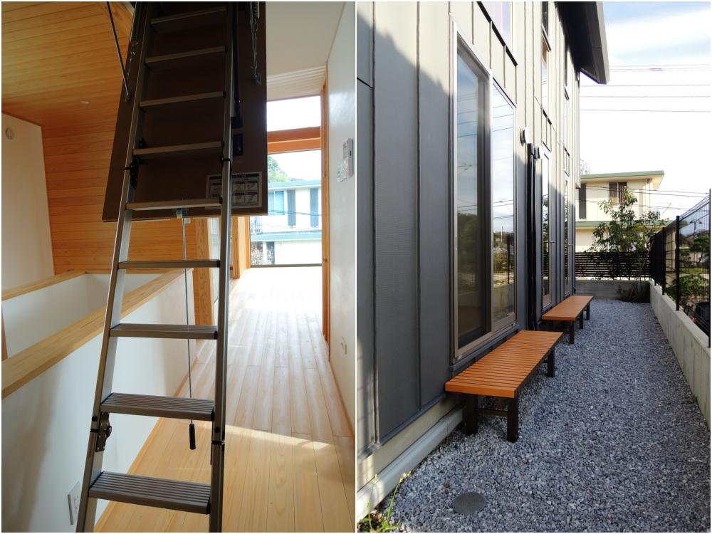 小屋裏へのはしご|敷地内に設置された専用ベンチ