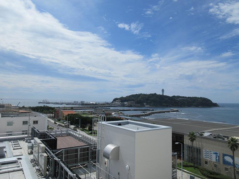 新江ノ島水族館越しの江ノ島というビュー