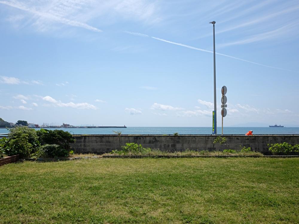 窓から。みどりの絨毯の上に青い海と空。