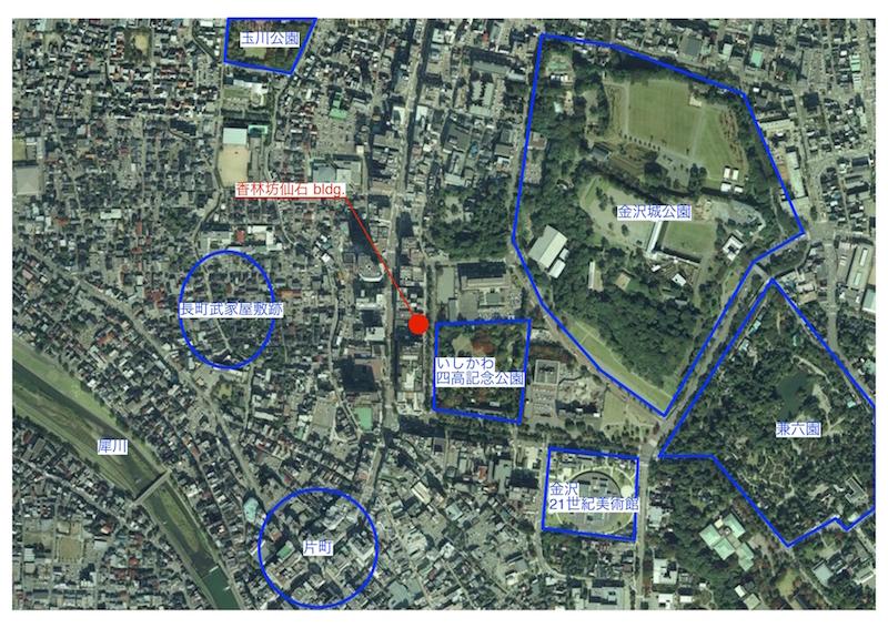 金沢市香林坊1丁目の賃貸物件/地理院地図  ビルを中心で見るとその街中度合いがより分かります