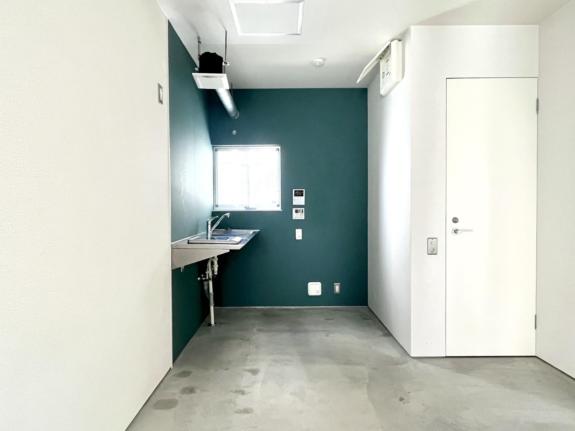 神戸市垂水区高丸の賃貸物件/無機質なキッチンとモスグリーンの壁でスタイリッシュな印象