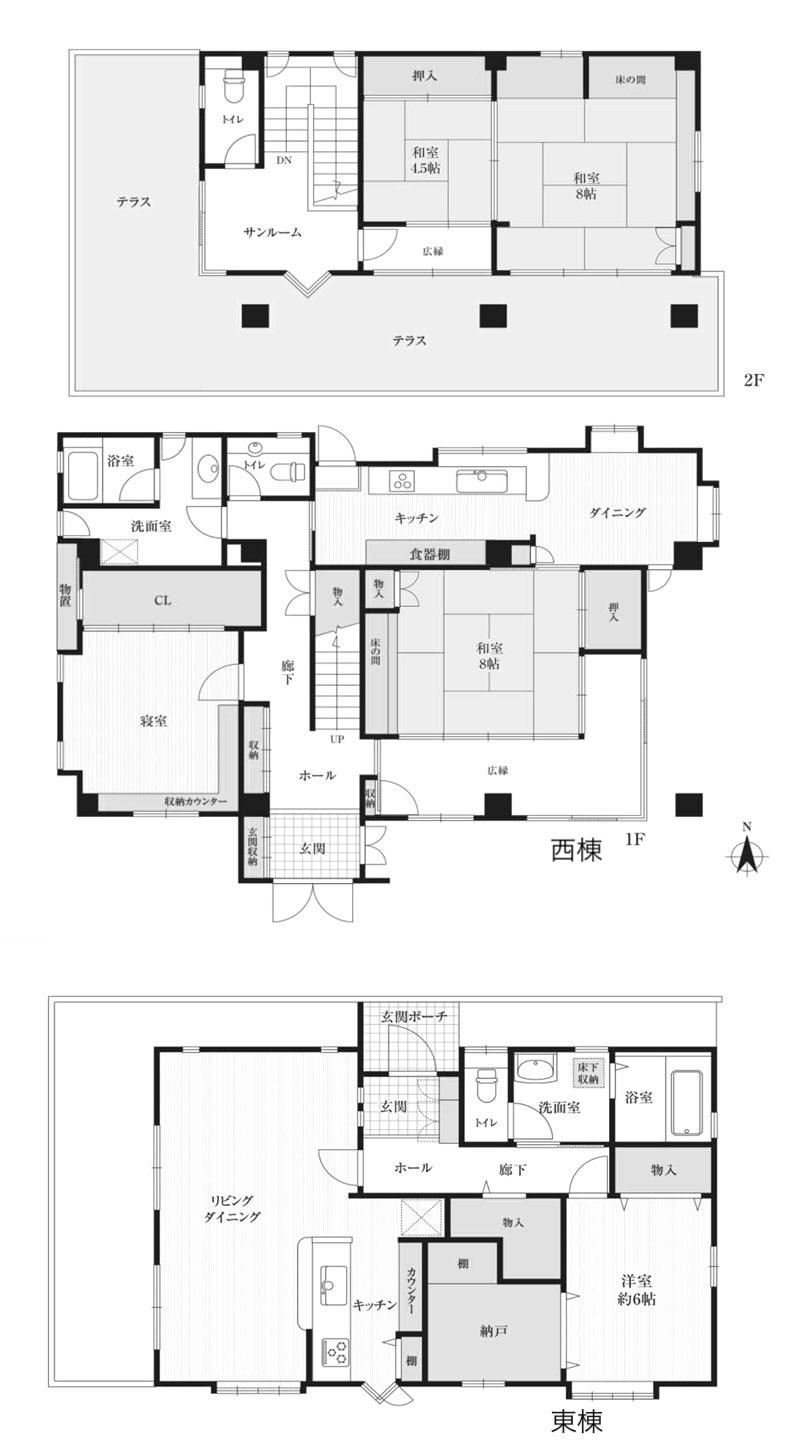 神戸市東灘区住吉山手の売買物件/上図面:西棟、下図面:東棟