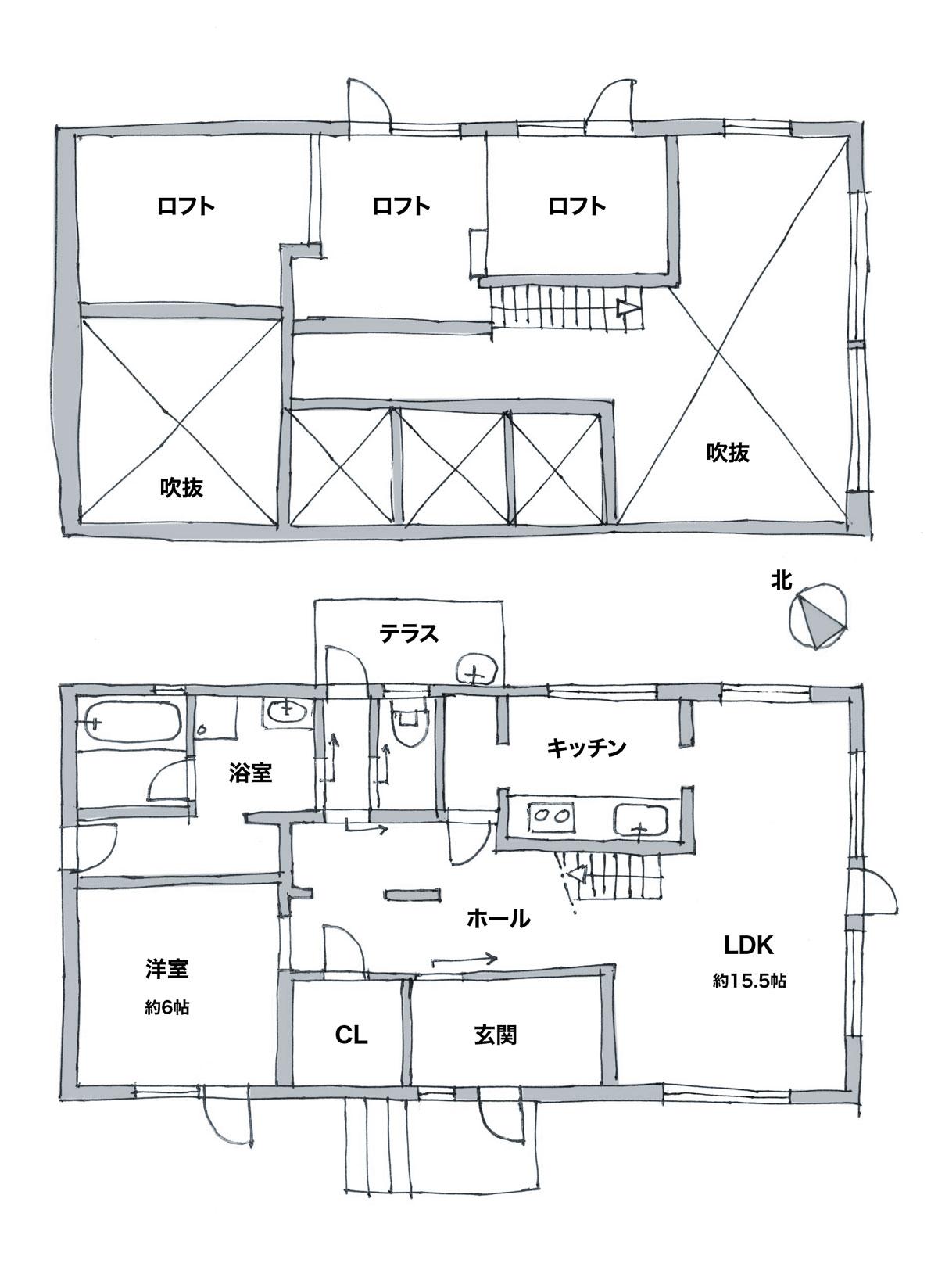 西宮市清瀬台の売買物件/吹き抜け部分も多い平屋＋ロフトの間取り