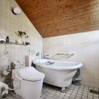 芦屋市翠ケ丘町の売買物件/勾配天井から自然光が差し込む、タイル張りのバスルーム。