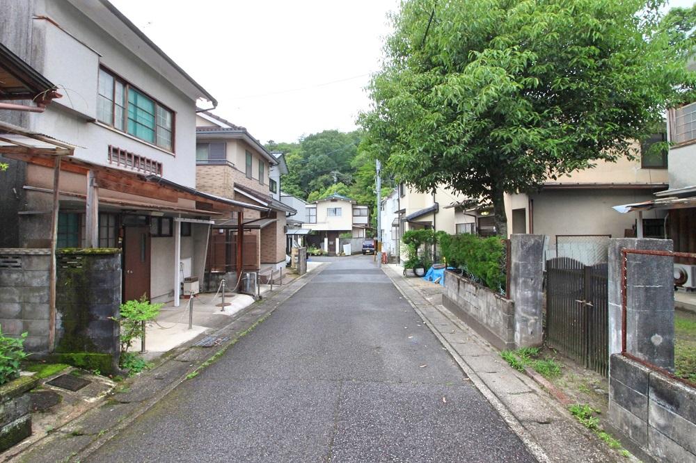 前面道路西向き、向こうの緑は森の続き